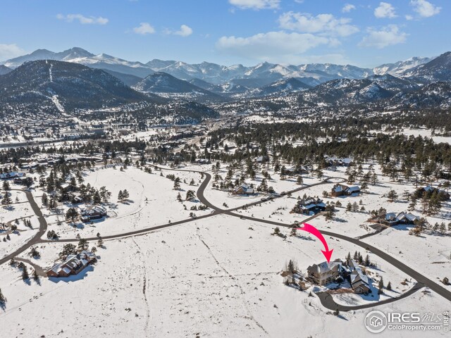 snow covered rear of property featuring a mountain view