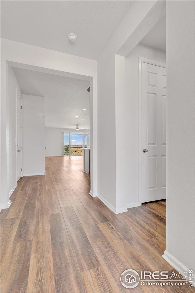 hall with baseboards and wood finished floors