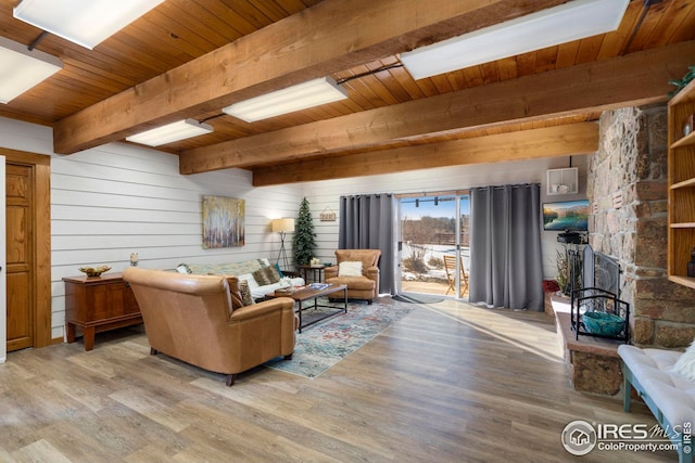 living area featuring light wood-style floors, wood ceiling, wooden walls, and beam ceiling