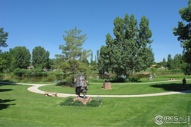 view of home's community featuring a lawn and a water view