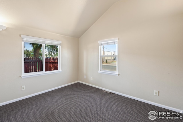 unfurnished room with lofted ceiling, a healthy amount of sunlight, and carpet flooring