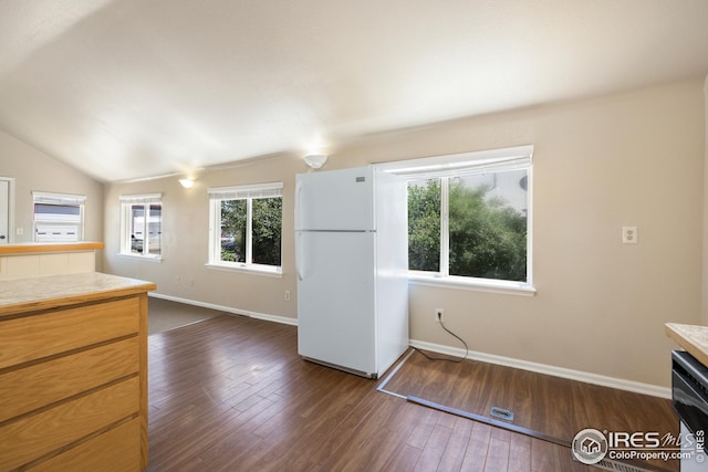 kitchen featuring lofted ceiling, dark wood-type flooring, and white refrigerator