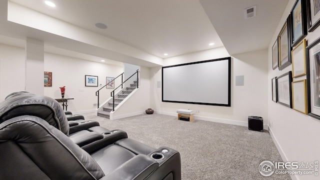 home theater with recessed lighting, carpet flooring, visible vents, and baseboards