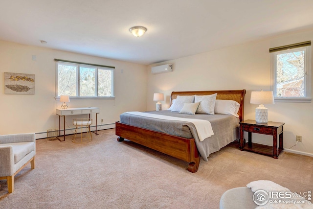 carpeted bedroom with a wall mounted air conditioner and baseboard heating