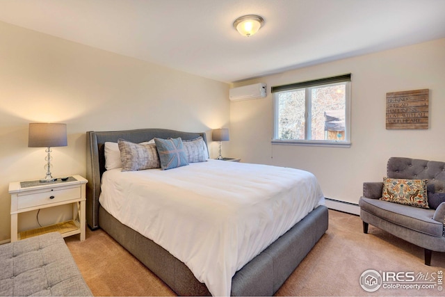 carpeted bedroom with a wall mounted air conditioner and a baseboard radiator