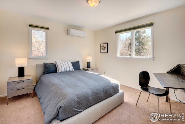 carpeted bedroom with multiple windows and a wall mounted air conditioner