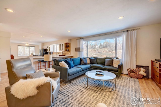 living room with a wealth of natural light and light hardwood / wood-style flooring