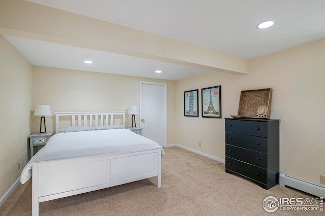 bedroom with baseboard heating, light carpet, and beamed ceiling