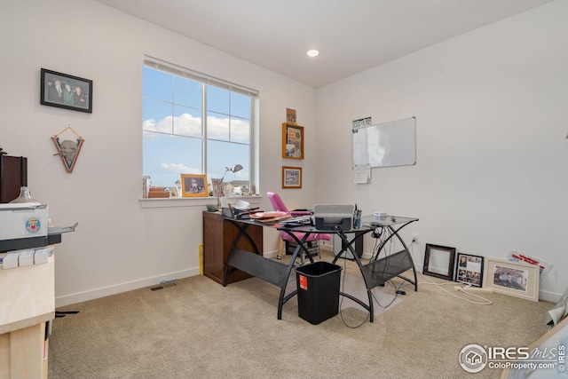 home office with light carpet