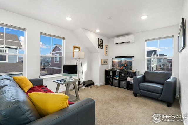 living room featuring a healthy amount of sunlight, light colored carpet, and a wall mounted air conditioner