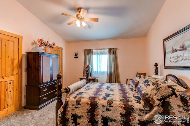 420 E County Road 10, Berthoud, CO 80513 - bedroom featuring light carpet, vaulted ceiling, and ceiling fan