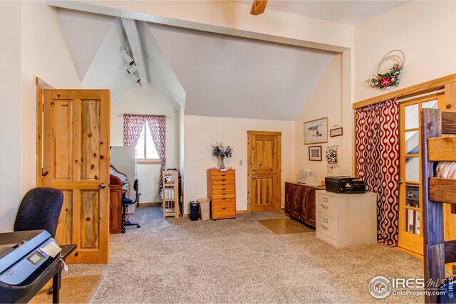 420 E County Road 10, Berthoud, CO 80513 - office area with carpet flooring, rail lighting, and vaulted ceiling
