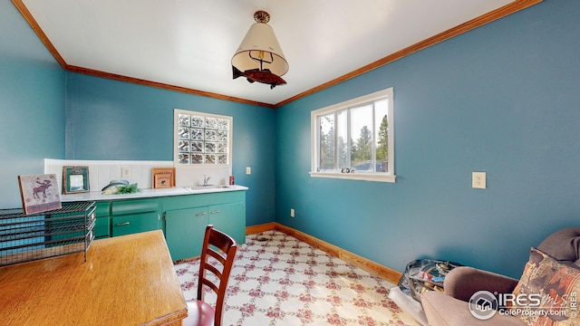 office area with ornamental molding, sink, and light carpet