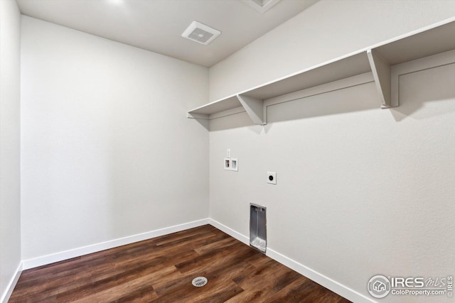 laundry area with electric dryer hookup, dark hardwood / wood-style floors, and washer hookup