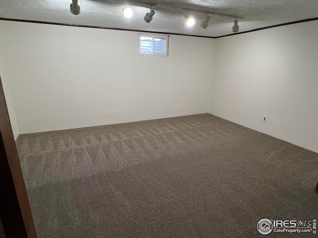 basement with ornamental molding, rail lighting, carpet floors, and a textured ceiling