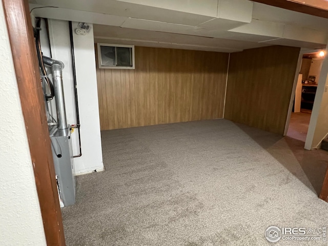 basement with wooden walls and carpet