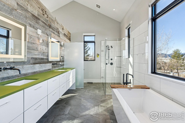 635 Paragon Dr, Boulder, CO 80303 - full bath featuring a freestanding bath, double vanity, a tile shower, high vaulted ceiling, and tasteful backsplash