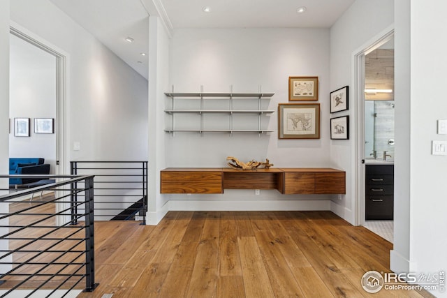 635 Paragon Dr, Boulder, CO 80303 - hall featuring an upstairs landing, wood-type flooring, and recessed lighting