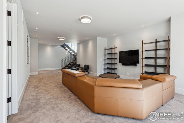 635 Paragon Dr, Boulder, CO 80303 - living area featuring stairs, light colored carpet, and recessed lighting