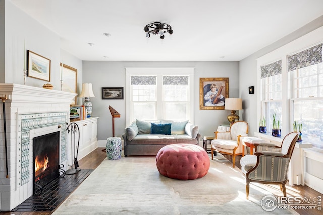 living room featuring baseboards, dark wood finished floors, a wealth of natural light, and a fireplace