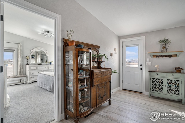 foyer featuring light hardwood / wood-style floors, vaulted ceiling, and a wealth of natural light