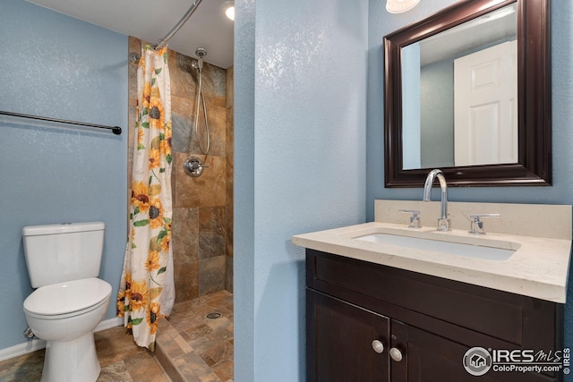 bathroom featuring toilet, vanity, and a shower with shower curtain