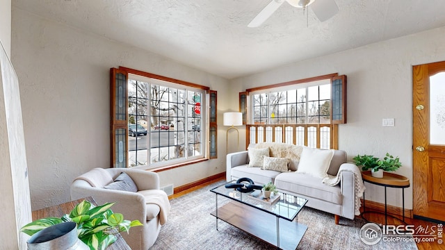 living room featuring hardwood / wood-style flooring, ceiling fan, and a textured ceiling