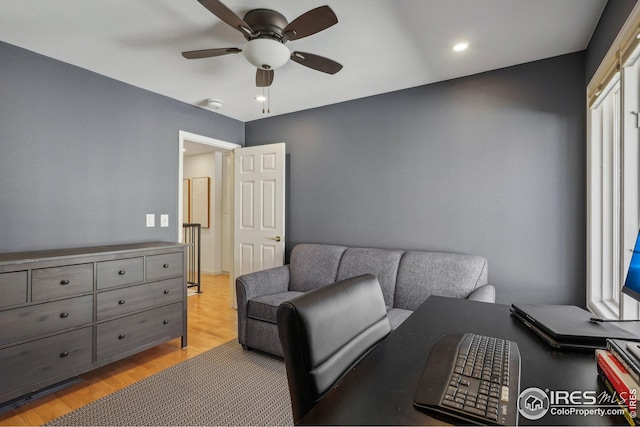 living room with ceiling fan and light wood-type flooring