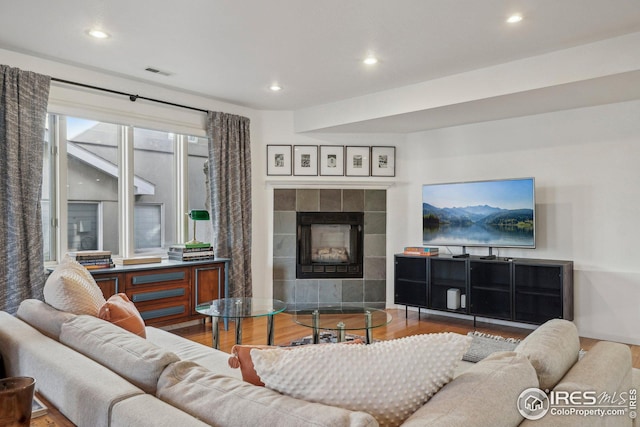 living room with wood-type flooring and a fireplace