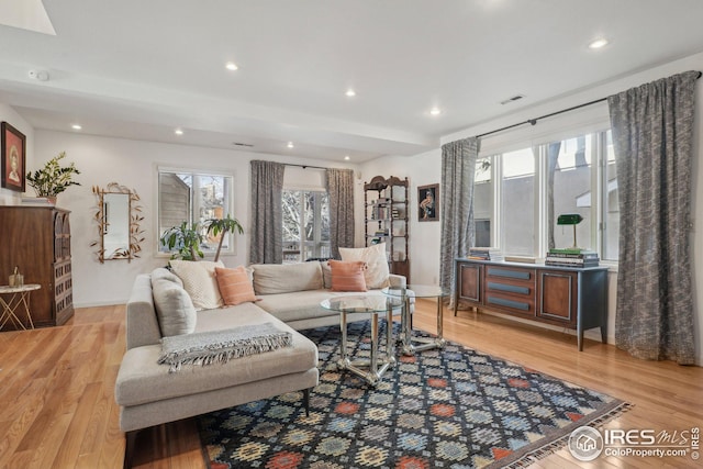 living room with light hardwood / wood-style flooring