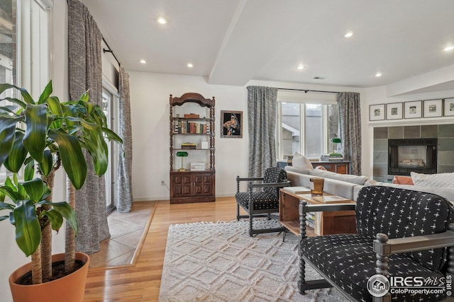 living room featuring a fireplace and light hardwood / wood-style flooring