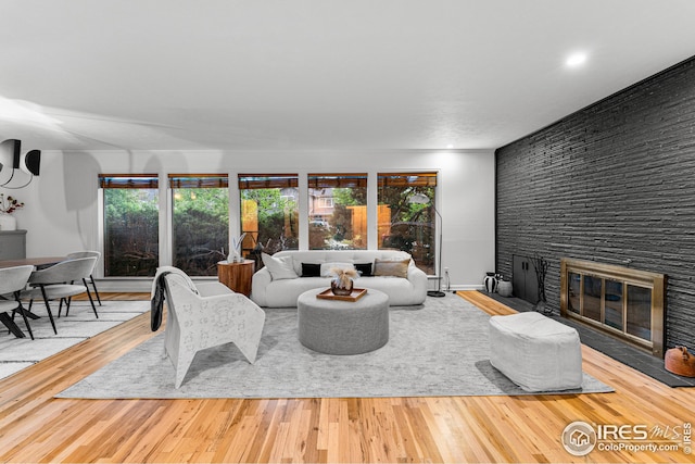 living room with a fireplace and hardwood / wood-style floors