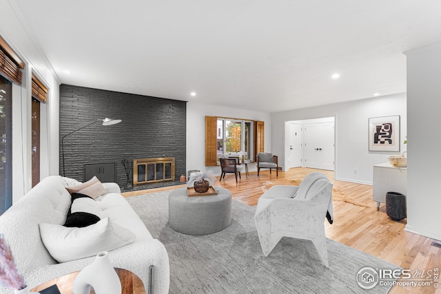 living room with a fireplace and wood-type flooring