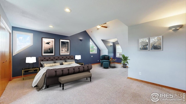 carpeted bedroom featuring vaulted ceiling