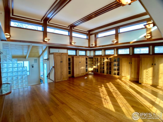 unfurnished living room with wood-type flooring and a high ceiling