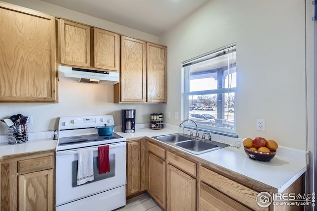 kitchen featuring white electric stove, sink, and light brown cabinetry