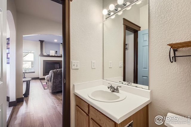 bathroom with vanity and wood-type flooring