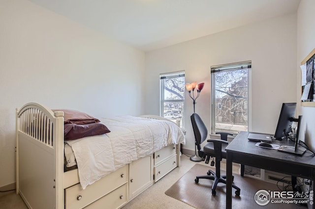 bedroom with light colored carpet