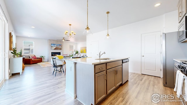 kitchen featuring light wood-type flooring, a sink, a large fireplace, and stainless steel appliances