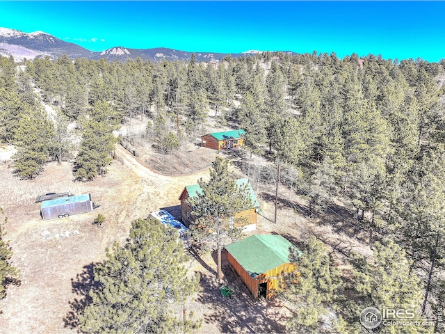 bird's eye view featuring a mountain view and a wooded view