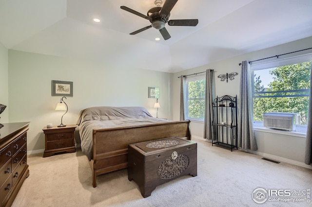 carpeted bedroom featuring vaulted ceiling and ceiling fan