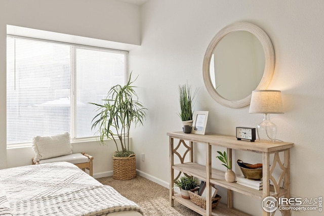 bedroom featuring baseboards and light colored carpet