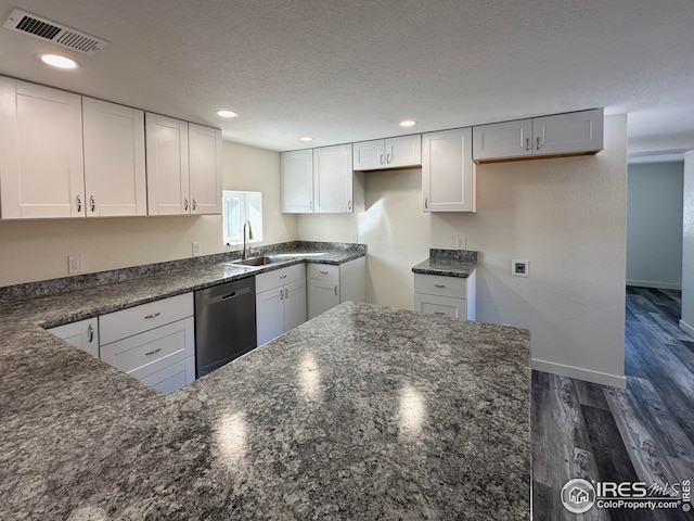 kitchen featuring visible vents, dark wood-type flooring, a sink, white cabinetry, and dishwashing machine