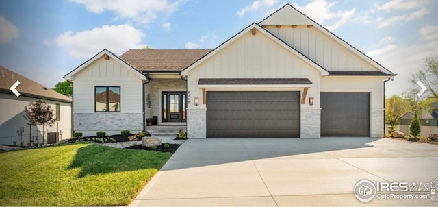 3806 Bridle Ridge Cir, Severance, CO 80524 - modern farmhouse featuring board and batten siding, a garage, concrete driveway, a front lawn, and stone siding