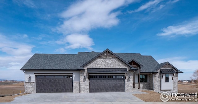3806 Bridle Ridge Cir, Severance, CO 80524 - craftsman-style house with stone siding, a garage, a shingled roof, and driveway