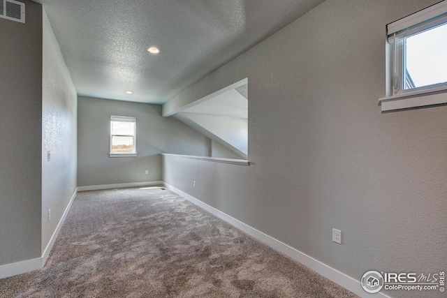 bonus room featuring carpet floors and a textured ceiling