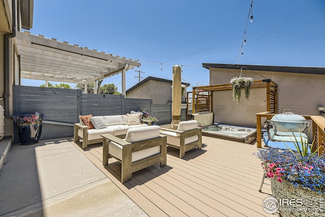 wooden terrace with an outdoor living space, a pergola, and a hot tub