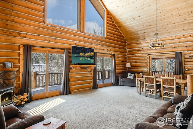 living room featuring high vaulted ceiling, carpet flooring, log walls, wood ceiling, and a wood stove