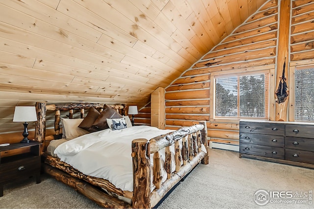 carpeted bedroom with lofted ceiling, log walls, wood ceiling, and a baseboard heating unit