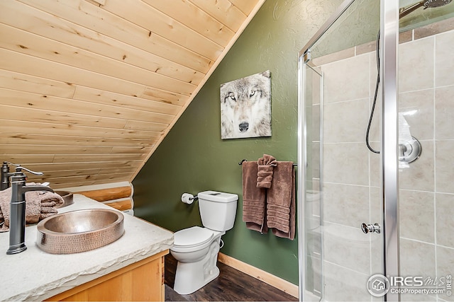 full bath featuring wooden ceiling, lofted ceiling, a stall shower, toilet, and wood finished floors